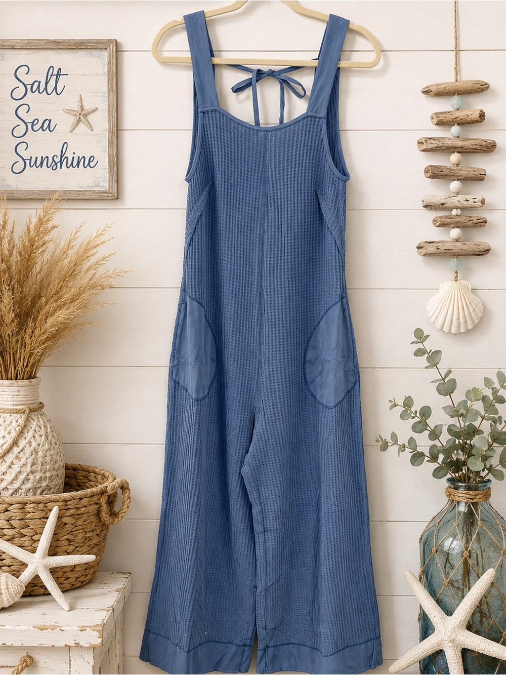 Zenana Blue Waffle-Knit Wide-Leg Romper